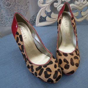 Guess Red and Leopard Print Fur Platform heel